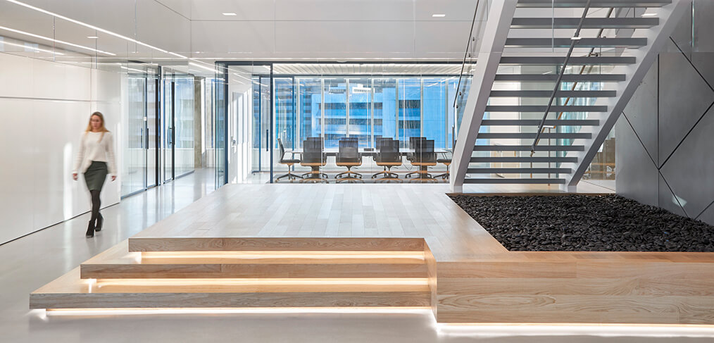 Woman walking office staircase